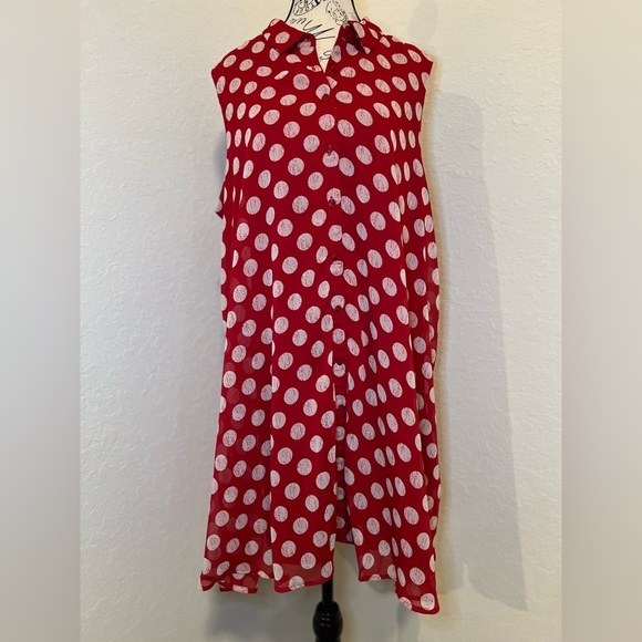 Red Polka Dot Button-Up Dress w Pockets - Picture 2 of 14